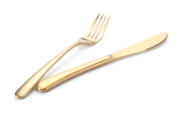 Shiny golden fork and knife isolated on white. Luxury cutlery