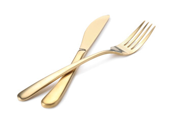 Shiny golden fork and knife isolated on white. Luxury cutlery