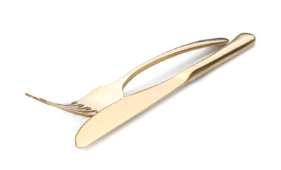 Shiny golden fork and knife isolated on white. Luxury cutlery