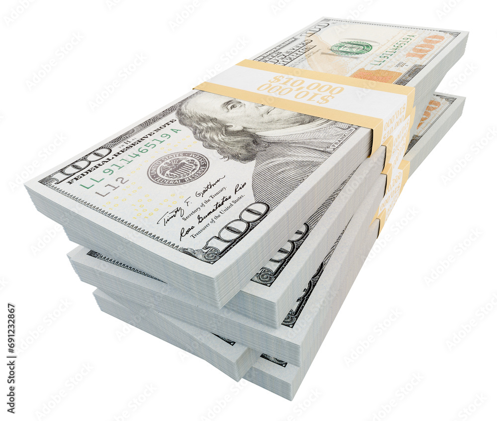 Wall mural Stacks of One Hundred Dollar Bills Isolated. Transparent PNG.