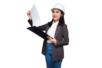 Young female worker wearing a helmet carrying a folder isolated transparent