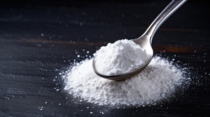 Powdered sugar in teaspoon on dark background, top view, text space