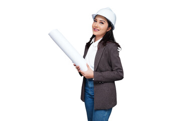 Young female employee wearing a helmet carrying a roll of paper isolated transparent