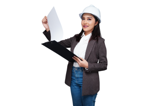 Young female worker wearing a helmet carrying a folder isolated transparent