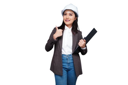 Beautiful architect student wearing a helmet giving a thumbs up gesture isolated transparent