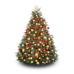 Christmas tree decorated with ornaments and festive lights isolated on white