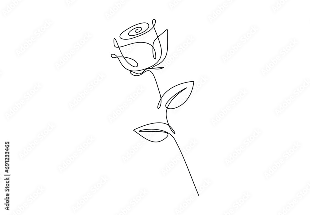 Poster continuous single line drawing of rose flower. isolated on white background vector illustration. pro