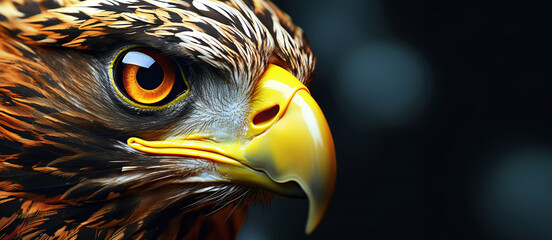 A very close portrait of an eagle from the side on a plain background with space for text