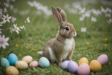Portrait of a bunny with colorful easter eggs in the beautiful spring flower meadow with copy space.
