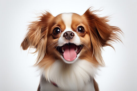 happy cute dog with his mouth wide open, pomeranian dog portrait. Studio photo. Day light. Concept of care, education, obedience training and raising pets