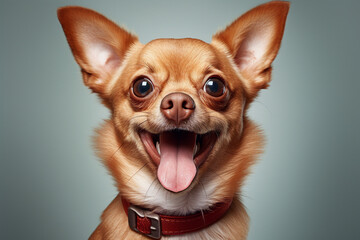 Obraz premium happy cute dog with his mouth wide open, pomeranian dog portrait. Studio photo. Day light. Concept of care, education, obedience training and raising pets