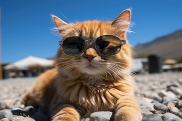 Adorable Cat with Sunglasses in a Sunny Beach Setting, DSLR Photography