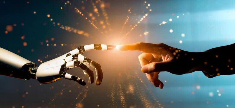 Concepto Inteligencia Artificial. Mano humana tocando con dedo a un robot