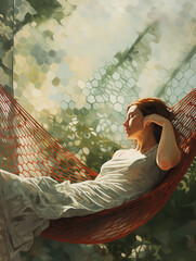 Painting of a young woman in summer dress relaxing and daydreaming in a hammock outdoors, on a warm sunny day. Carefree girl enjoying vacations or weekend. Quiet place to take a break.