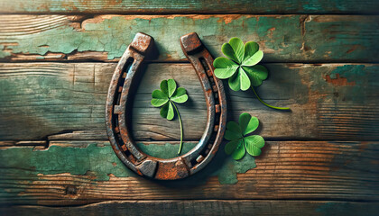 Old horseshoe,with clover leaf icons of Irish Patrick's day and good luck - obrazy, fototapety, plakaty