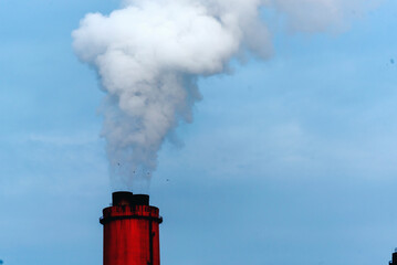 Power stations manufacturing electrical industrial plant. Electric power building refinery engineering smog steam smokestack. Lignite electricity chimneys release pollution in industry plant blue sky