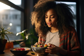  thoughtful African American woman eating fruit salad at home, healthy eating, self-care.