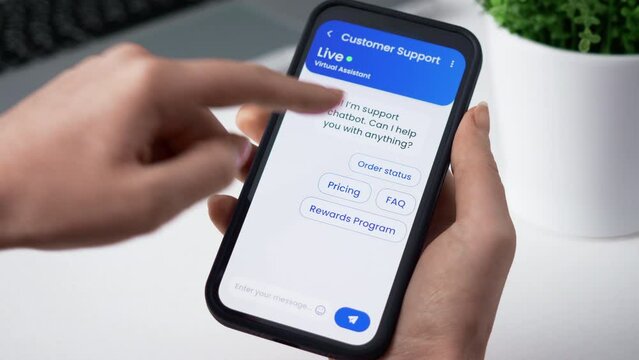 Live chat with the customer service chatbot. Artificial intelligence assistant provides online support for client of a business.