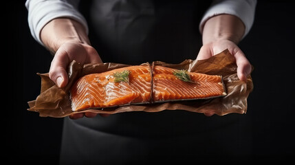 The big salmon is in the hands of the experienced Japanese chef. Salmon fillet for sashimi and sushi. - obrazy, fototapety, plakaty
