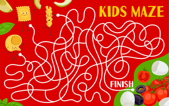 Labyrinth maze. Help to funny italian pasta characters find a salad ingredients kids game quiz vector worksheet. Cute ravioli, eliche and lumache macaroni food personages, basil, tomato and olives