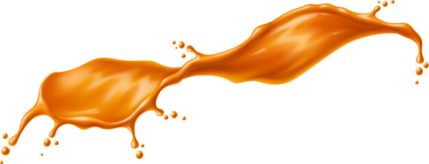Caramel syrup swirl splash or sauce wave with drops of toffee cream, realistic vector. Sugar caramel sauce or candy wave flow spill with drops and splashes of sweet candy or toffee confection syrup