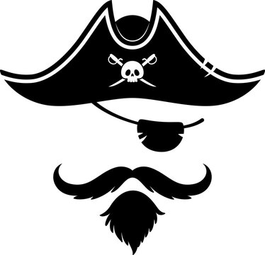 Pirate captain photo booth mask of tricorn and eyepatch, cartoon vector. Caribbean pirate or corsair sailor photo booth face effect mask of captain hat with skull and crossbones, eyepatch and beard