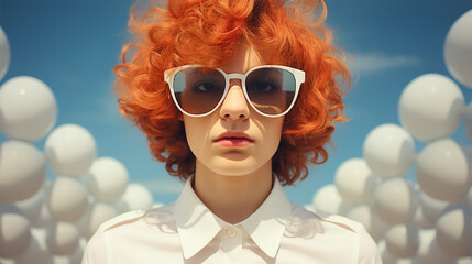 surreal portrait of a red-haired young androgyne in large sunglasses in a white frame, against the background of white balloons on a white blue sky