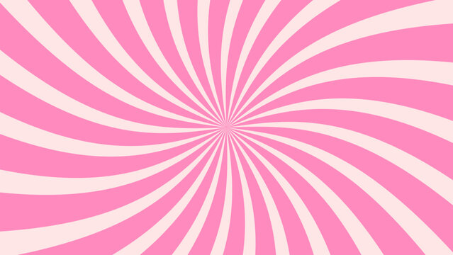 Strawberry candy rays background. Vector delightful pink ice cream wallpaper with swirl pattern. Milk twist backdrop or ornament, resembling lollipop and caramel sweet confection with spiral whirlpool