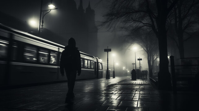 Fototapeta Train station - commute - black and white - monochrome - stylish - mysterious - subway - city 