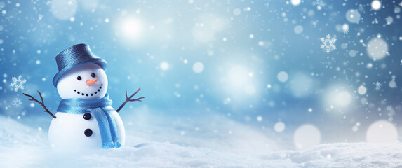 Fototapeta premium Snowman with blue hat and scarf on snow. Christmas background. created with generative AI