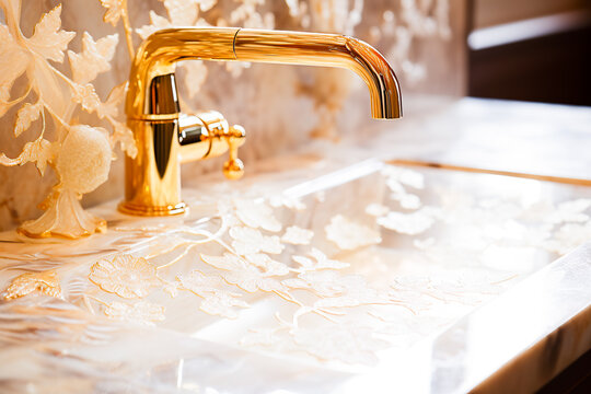 Marble washbasin with mother of pearl finish and gold tap .exclusive luxury bathroom accessories and items. 