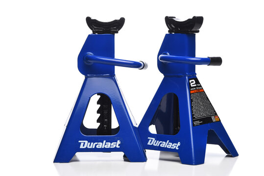 IRIVNE, CALIFORNIA - 10 DEC 2023: A pair of Duralast 2-ton Jack Stands.