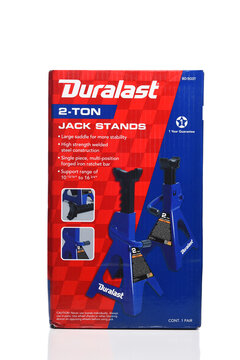 IRIVNE, CALIFORNIA - 10 DEC 2023: A box with a pair of Duralast 2-ton Jack Stands.