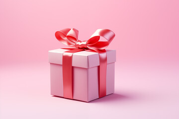 Obraz premium Beautifully decorated gift or present for birthday, Valentines Day or Mothers Day. Giftbox with ribbon bow isolated on pink background.