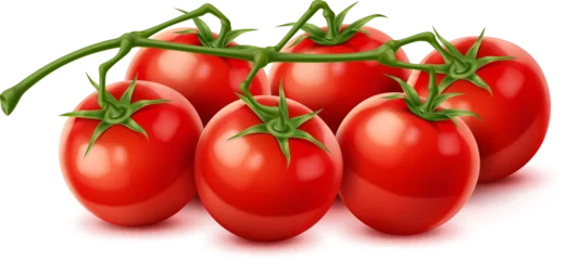 Fotobehang Raw realistic red ripe tomato cherry vegetables vibrant cluster glistening with freshness, promises burst of juicy flavor. 3d vector bunch of miniature orbs embodies the essence of sun-kissed ripeness © Buch&Bee