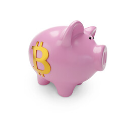 Piggy bank with Bitcoin sign with copy space. 3d illustration.