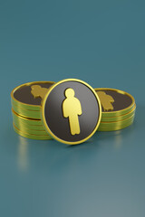 Golden coins with figures of people. 3d illustration.