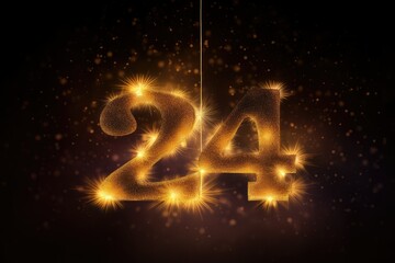 Festive 2024 celebration, gold numbers with fireworks and blurred light effect