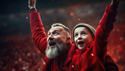 man with son in a football stadium
