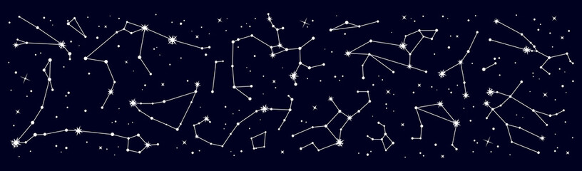 Star constellation border. Galaxy night sky map. Esoteric astrology zodiac star constellation background, astronomy galaxy celestial panorama or border, space stars sky map vector pattern or print