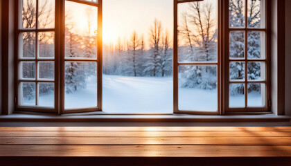 Wood table with winter window and copy space