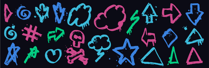 Set of black graffiti doodles.  Collection of symbols, bubbles, heart, skull, arrows and stars. Colorful Elements for banner, decoration, street art and ads. Vectors for Illustrator