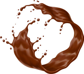 Realistic chocolate yogurt, cream or choco milk drink swirl splash and wave flow. Isolated 3d vector velvety round liquid frame or border cascades in a delectable dance, forming a mesmerizing drops
