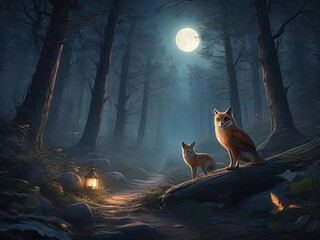 a two foxes standing in the woods at night