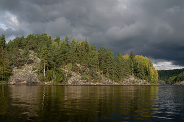 Lake Ladoga near the village Lumivaara on a sunny autumn day, Ladoga skerries, Lakhdenpokhya, Republic of Karelia, Russia