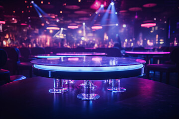 Illuminated empty VIP table close-up, the interior of a high-energy nightclub with dynamic lighting and a backdrop of dancing silhouettes, ready for a glamorous night out promotion.