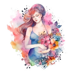 Obraz na płótnie Canvas Cartoon watercolor pregnant woman with colorful paint splash on a transparent background