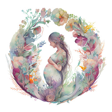 recommend clip art: Cartoon watercolor pregnant woman with colorful paint splash on a transparent background