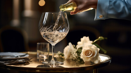 Waiter serving champagne or wine glasses at restaurant with bokeh light background. - obrazy, fototapety, plakaty