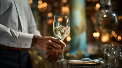 Waiter serving champagne or wine glasses at restaurant with bokeh light background.
